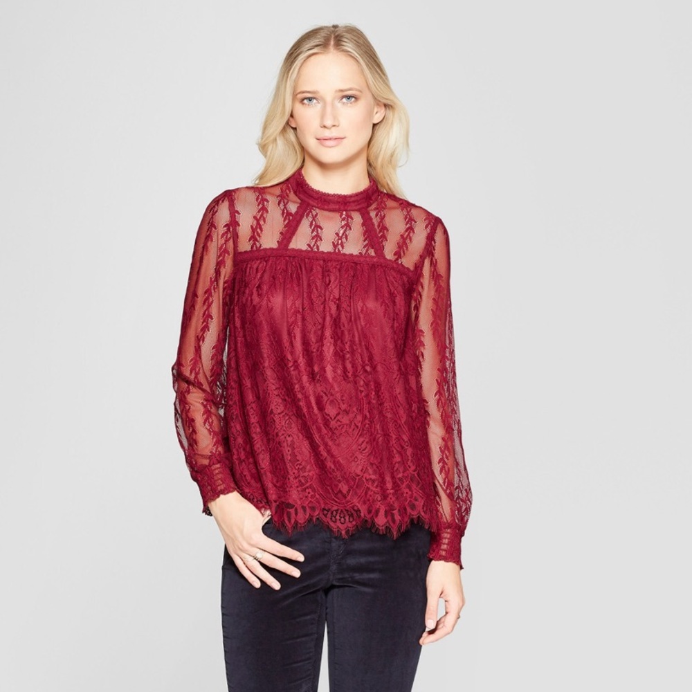 XHILARATION Burgundy Lace Overlay Long Sleeve